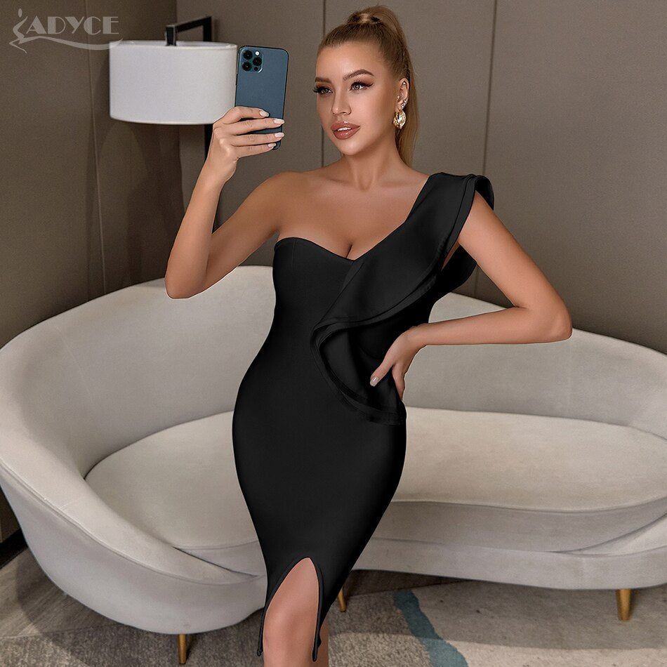 ADYCE One Shoulder Sexy Ruffles Midi Bodycon Bandage Party Dress