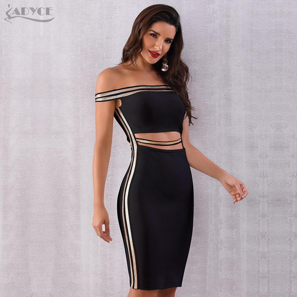 ADYCE Sexy Slash Neck Sequined Hollow Out Midi Off Shoulder Bandage Party Dress - H5223