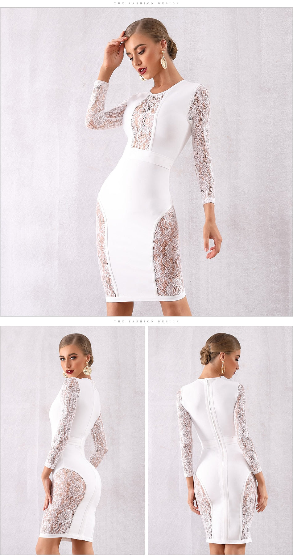 ADYCE Hot Sexy Hollow Out Long Sleeve Elegant White Lace Bandage Party Dress - H5772