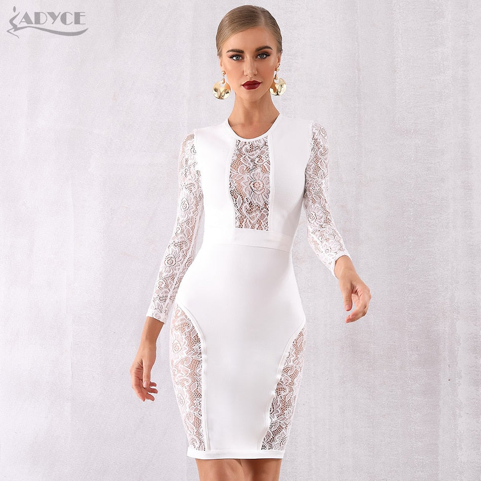 ADYCE Hot Sexy Hollow Out Long Sleeve Elegant White Lace Bandage Party Dress - H5772