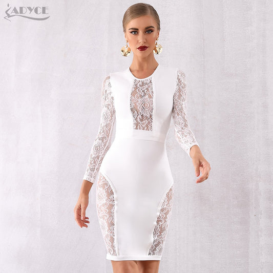 ADYCE Hot Sexy Hollow Out Long Sleeve Elegant White Lace Bandage Party Dress - H5772