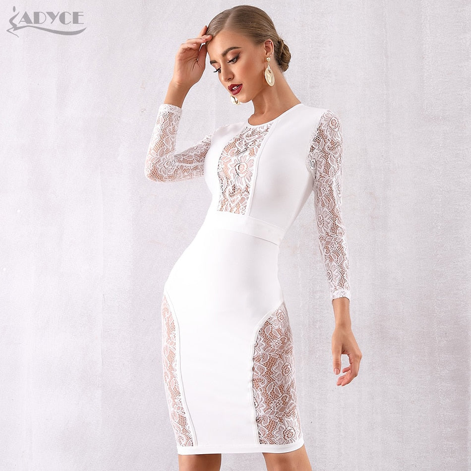 ADYCE Hot Sexy Hollow Out Long Sleeve Elegant White Lace Bandage Party Dress - H5772